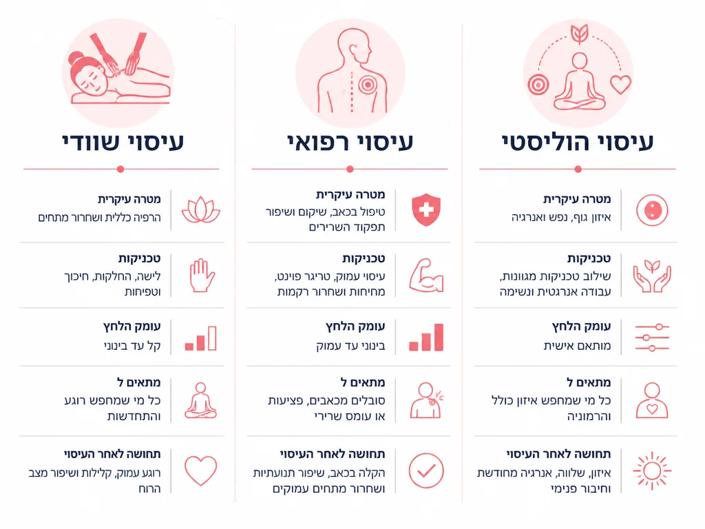 אינפוגרפיק השוואת סוגי עיסוי: שוודי, רפואי והוליסטי