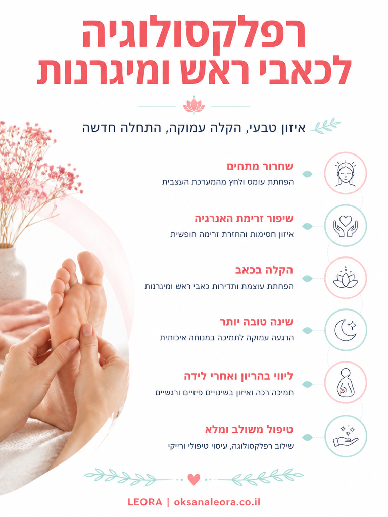 אינפוגרפיקה: רפלקסולוגיה לכאבי ראש ומיגרנות - לֶאוֹרָה אנרגיה וריפוי | Oksana Leora